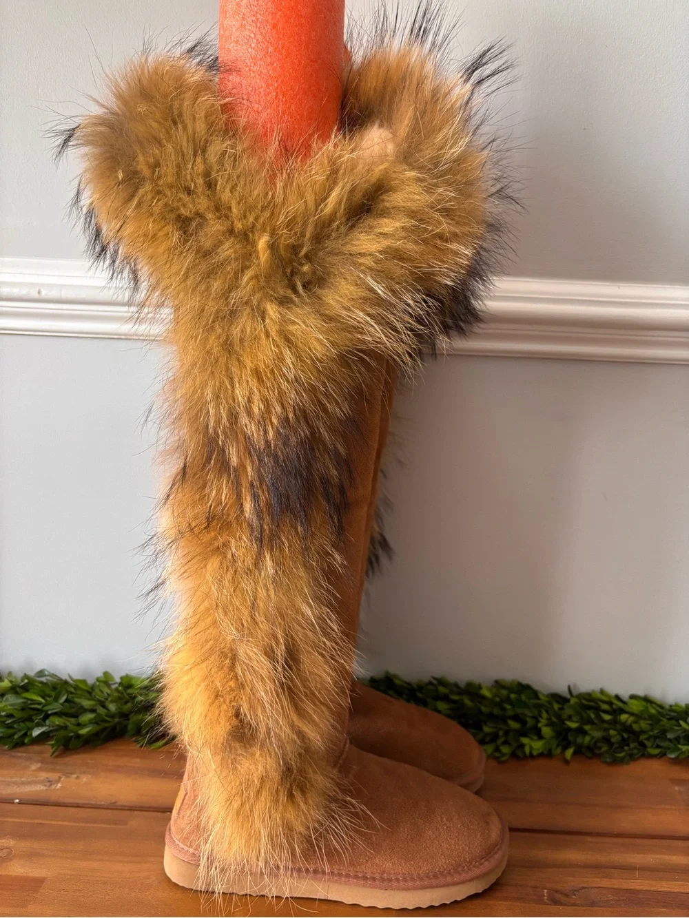 Real Fur Trim Suede Knee-High Boots - chestnut. Size 8